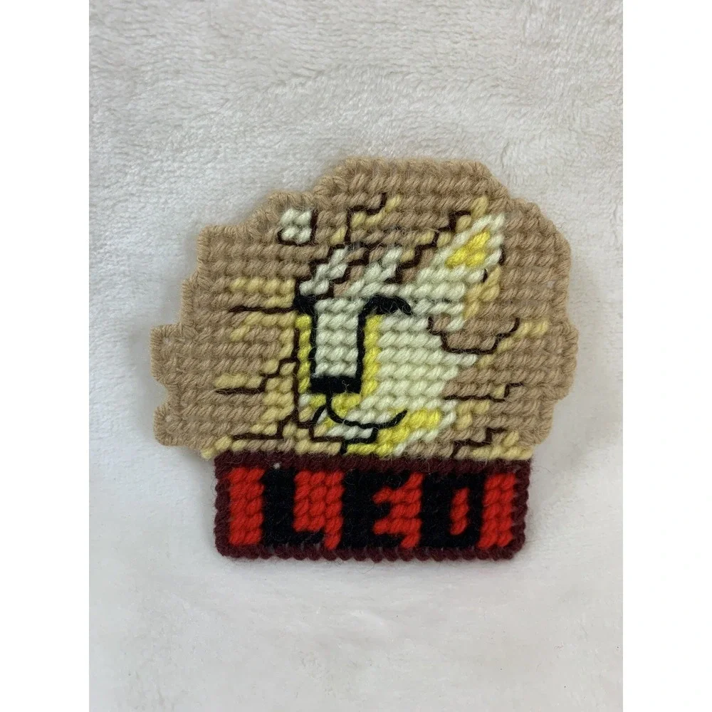 Vintage Leo Horoscope‎ Sign Lion Handmade Needlepoint Plastic Canvas Magnet OOAK